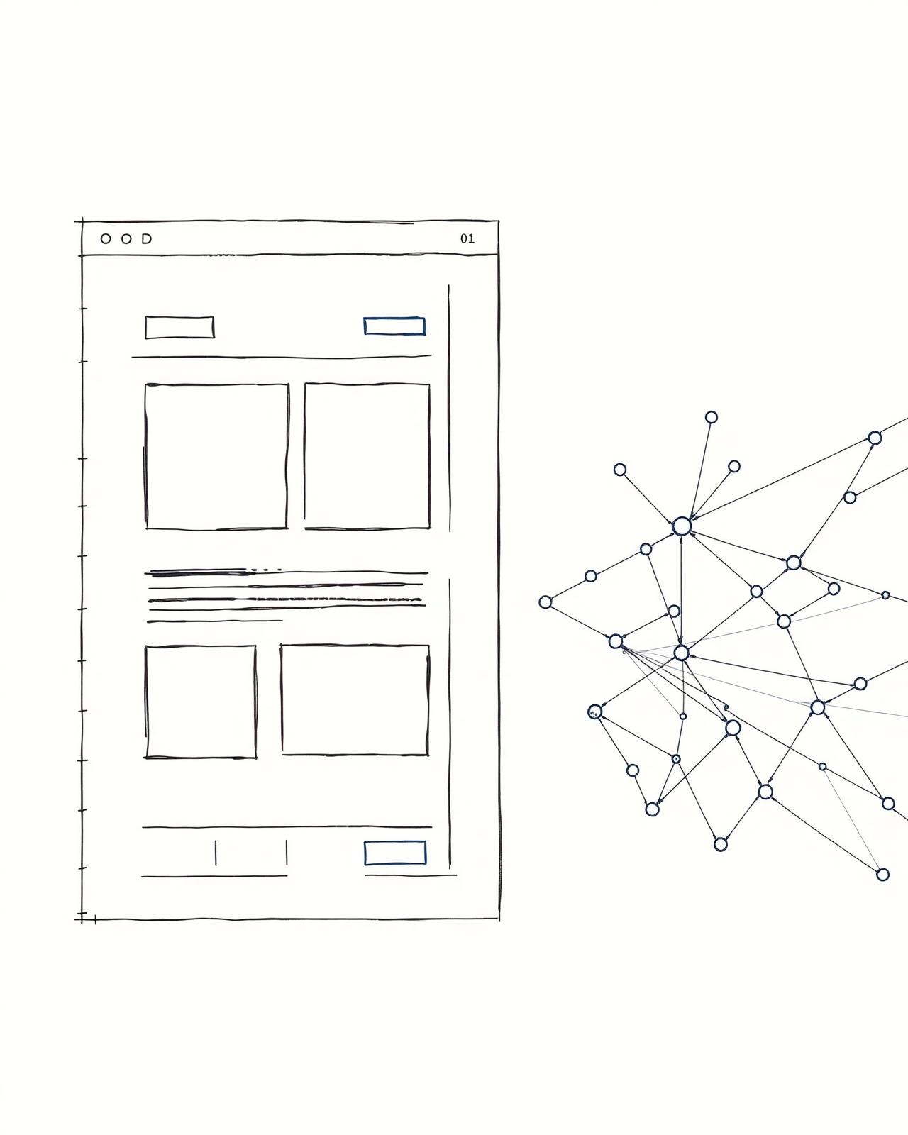 Esquema editorial: interfaz web conectada a una red de nodos de datos