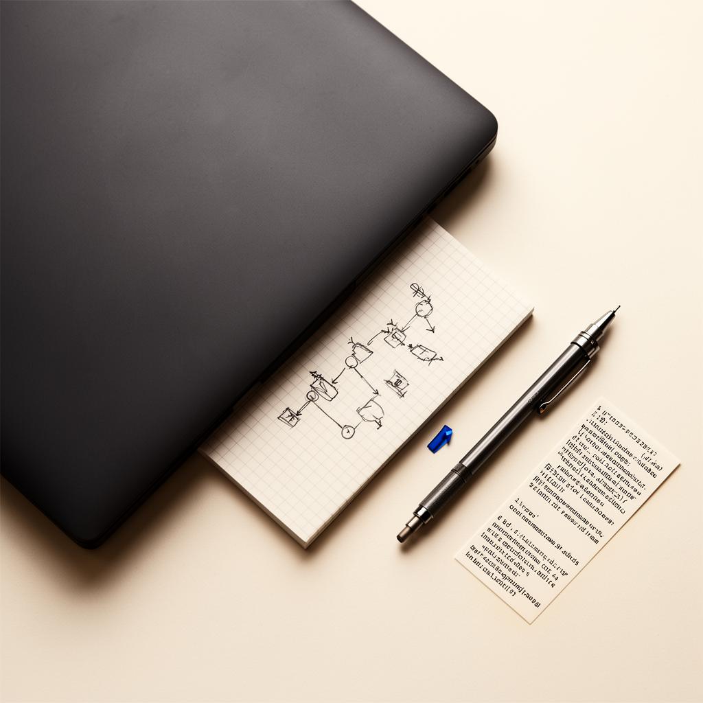 Mesa de trabajo: laptop, cuaderno con diagramas de sistema y notas técnicas
