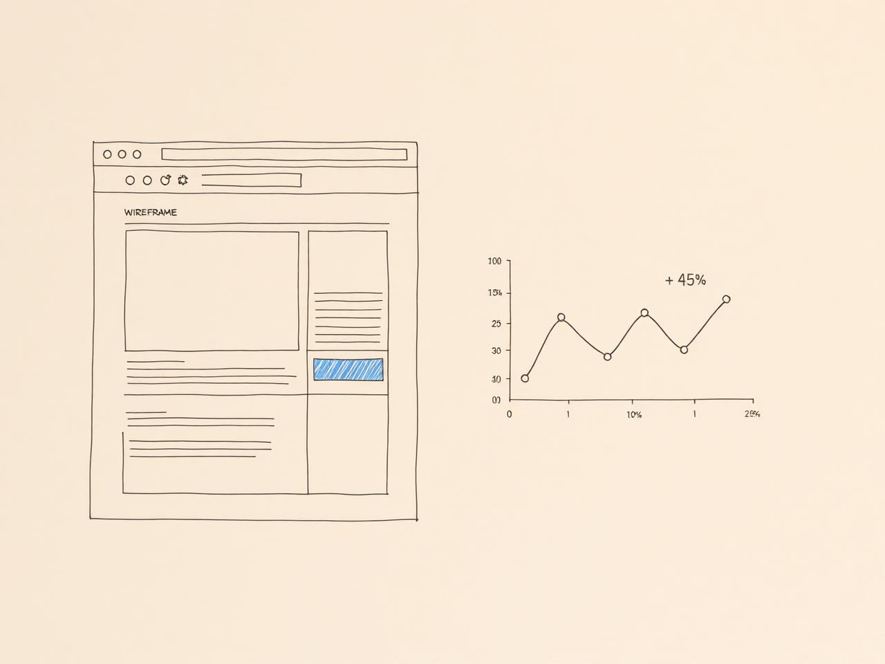 Esquema editorial de un sitio web junto a una curva de performance comercial